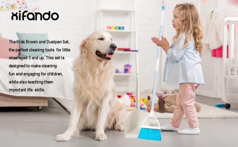 Xifando Mini Broom with Dustpan for Kids,Little Housekeeping Helper Set (White+Sky Blue) - Image 2